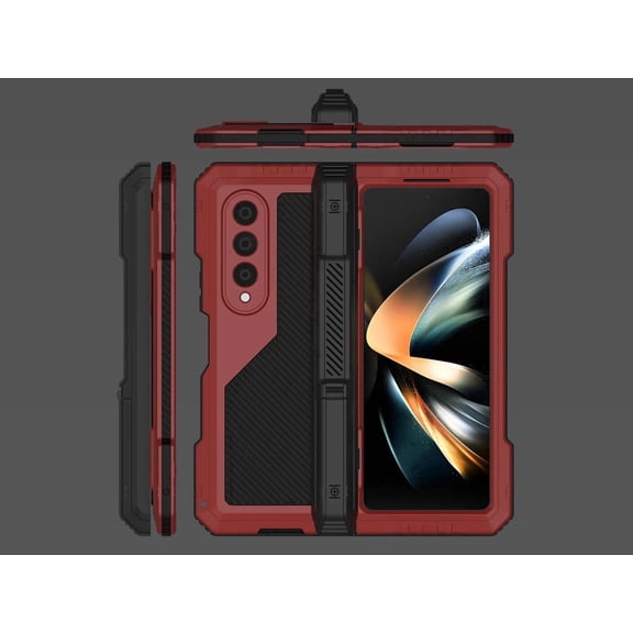 Metal Aluminum Hybrid Case with Hinge Protection for Samsung Galaxy Z Fold 4, Dual-Layer Shockproof Cover with Built-in Kickstand, Red