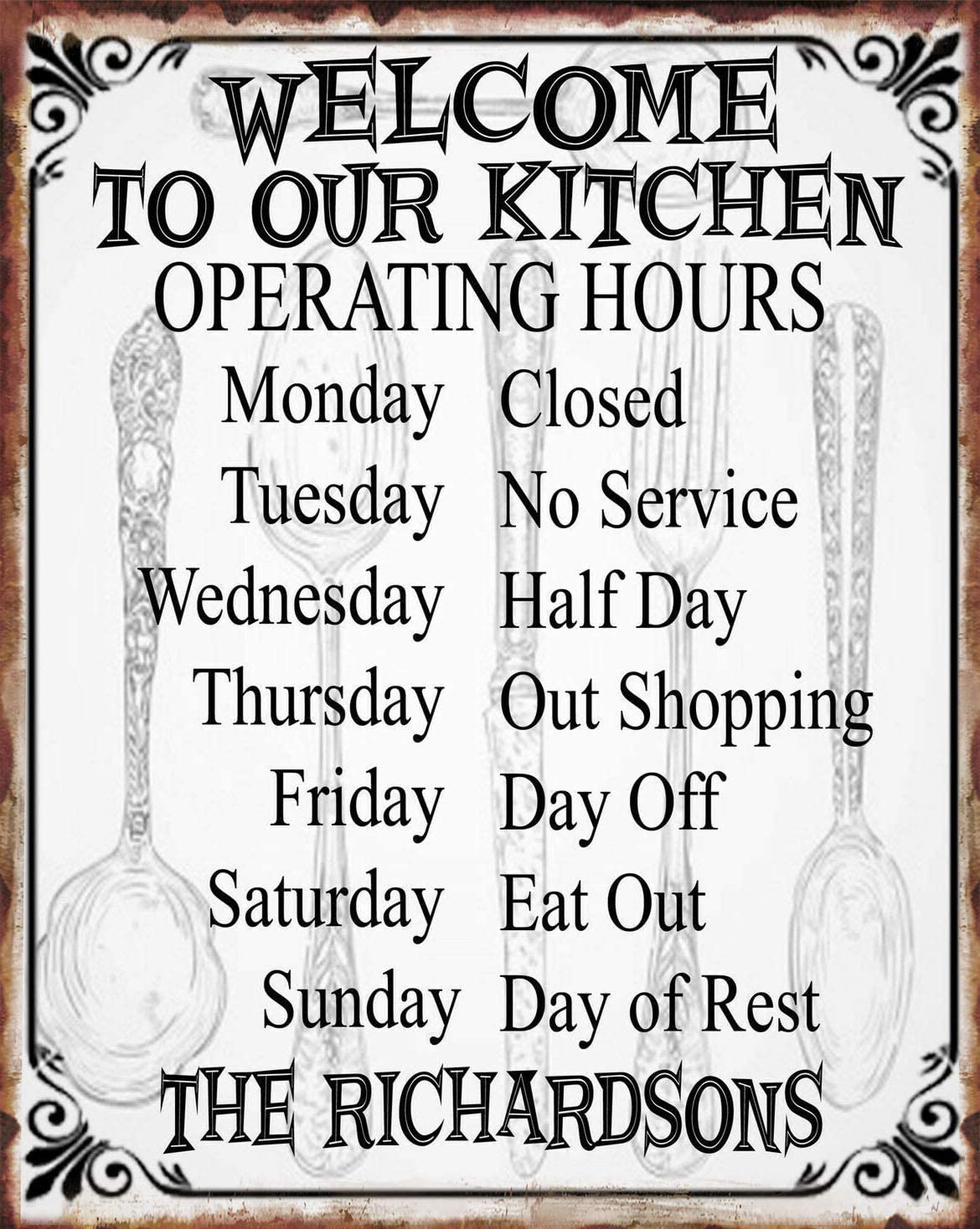 Kitchen Operating Hours Metal Aluminum Sign Funny Kitchen Operating Hours, Metal Wall Panel ...