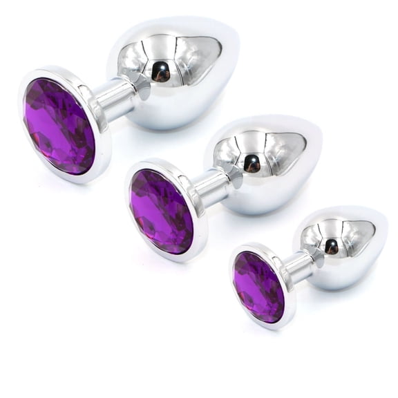 Metal Anal Butt Plug Stainless Steel 3-Sizes S/M/L Beginner Trainer Purple Jewel