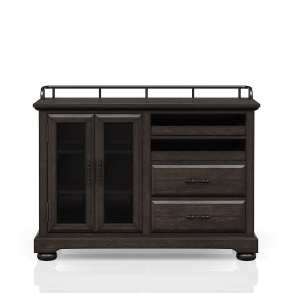 Metal And Wood Coffee Server In Deep Configuration, Glass Storage, 2 Shelves & Drawers With Feature, Drawers, Coffee Storage