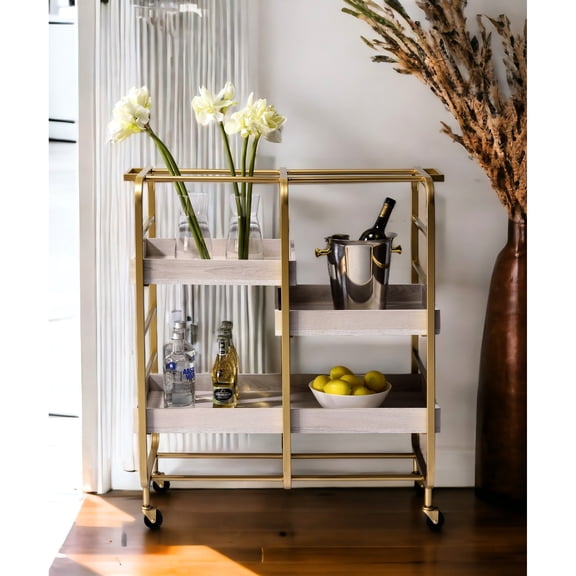 Metal And Wood Serving Cart With 3 Open Compartments In Gold/white Gold & White Removable Adjustable Wooden Trays Base