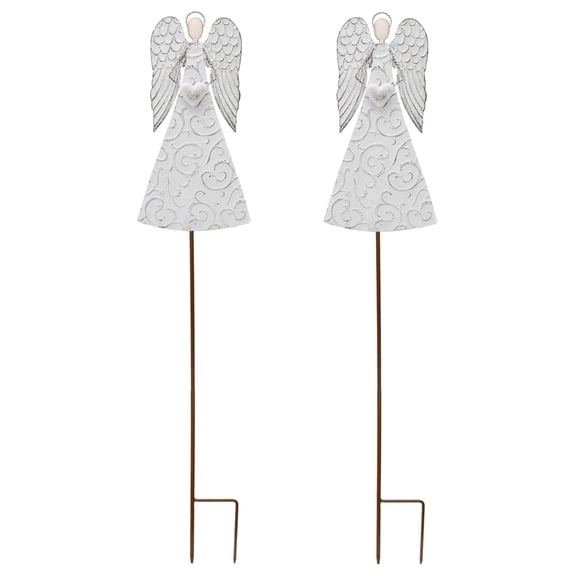 Metal Angel Garden Stake - 40.5 Inch Rustic Memorial Angel Yard Stakes Set of 2
