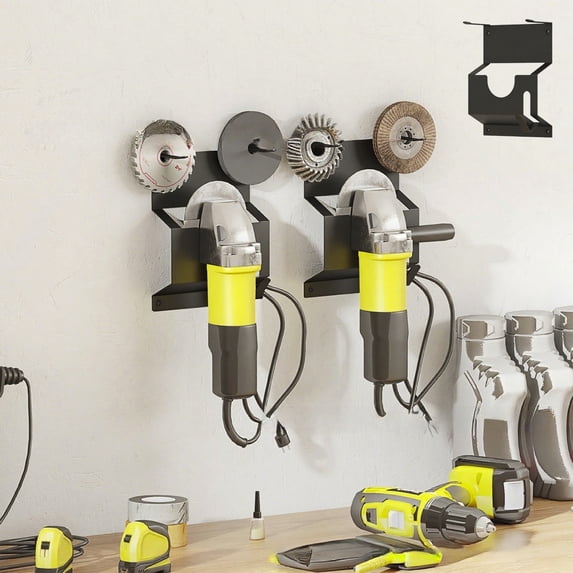 Metal Angle Grinder Wall Mount Rack | Heavy Duty Iron Organizer | Black Finish | Space-Saving Storage | Discs & Cable Hooks | For Garage Workshop Tool Room | 20.2x15.1x6.4cm