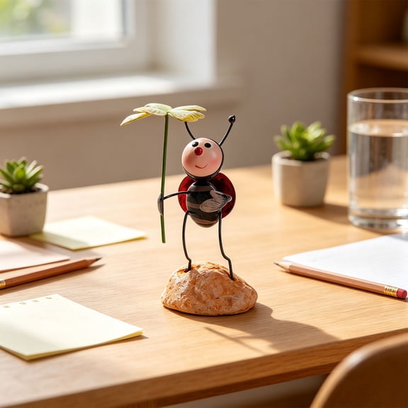 Metal Ant and Ornaments Cute Iron Insect Sculptures with Bases, Set of 4 Hand-Painted Metal Bug Figurines with Faux-Wood Bases, Whimsical Garden Tabletop Accent and Gift for Gardening Enthusiasts