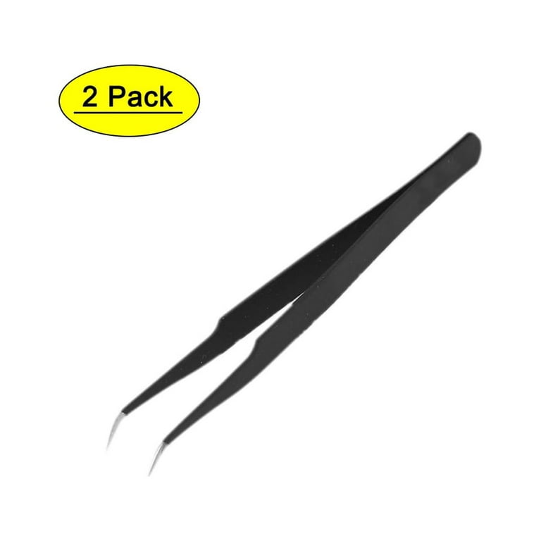 Metal Anti-Magnetic Pointed Tip Needle Nose w Curved Tweezer Set Black 2 in  1