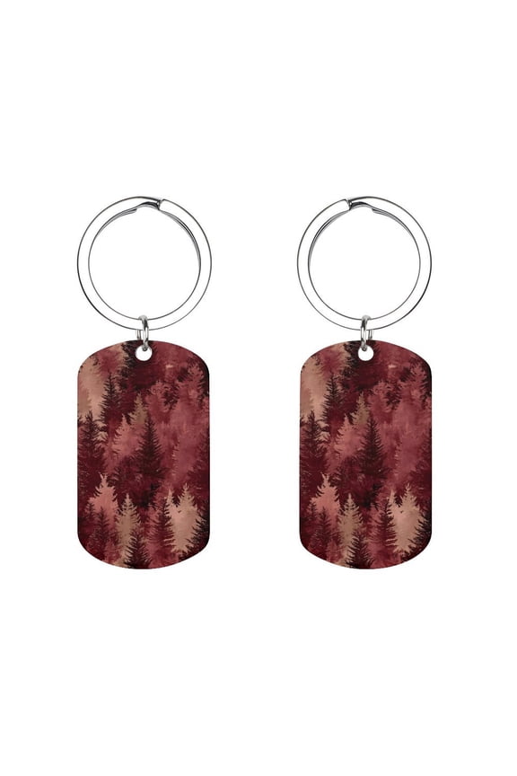 Metal Arc Design Keychain 1.12in Stainless Steel Material Material Solid Smooth Without Trace Realistic Forests Camouflage Pattern Conifer Maroon_1