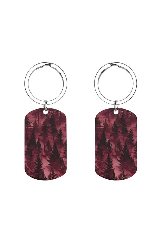 Metal Arc Design Keychain 1.12in Stainless Steel Material Material Solid Smooth Without Trace Realistic Forests Camouflage Pattern Conifer Maroon_3