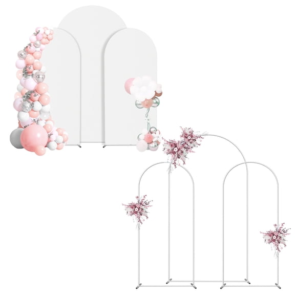 Metal Arch Backdrop Stand and Cover Set, 7.3FT+6FT+6FT Wedding Balloon Arch Backdrop Stand and Cover for Party Ceremony Decoration