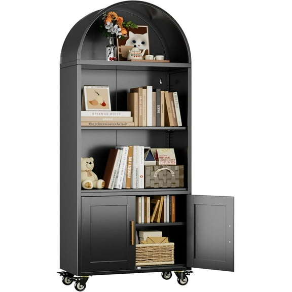 Metal Arched Bookcase with Wheels, Modern Freestanding Black Arch Storage Cabinets for Home Office Bookshelf Living Room