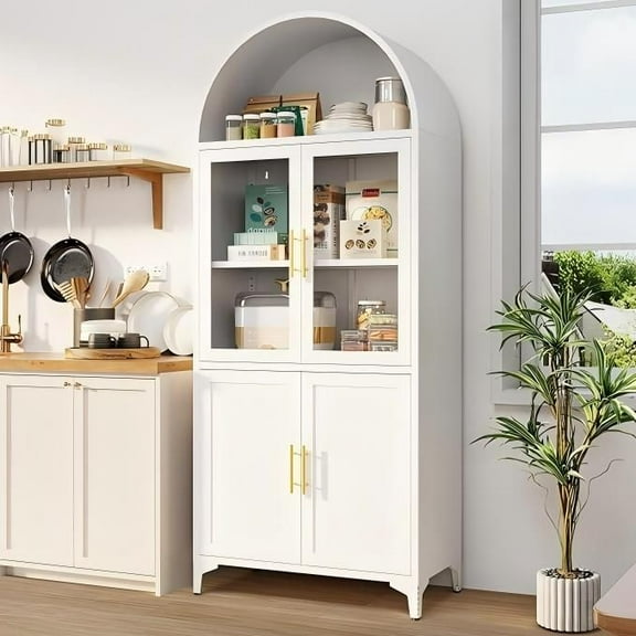 Metal Arched Cabinet, 72.8" Tall Arch Kitchen Cabinet with Glass Doors, Arched Bookcase, Modern Cupboard for Living Room, Office, Dining Room (White)
