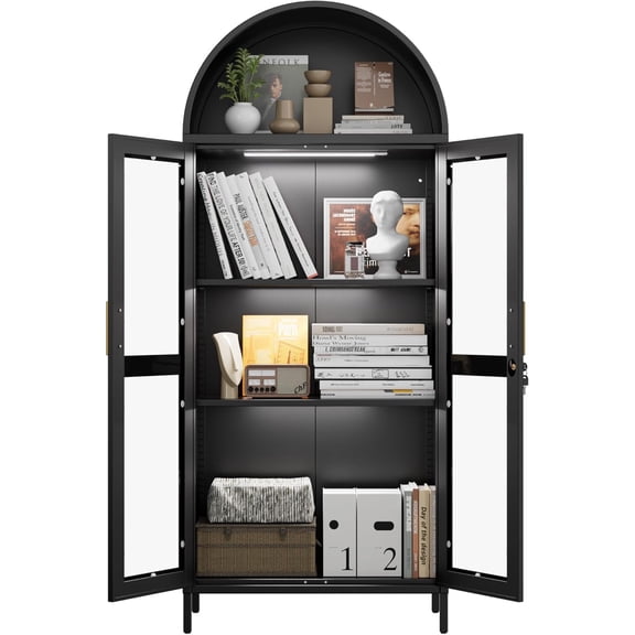 Metal Arched Display Bookcase with 3 Lights, Lockable Arch Cabinet with Glass Doors, Freestanding Kitchen Pantry Storage Cabinet, Black