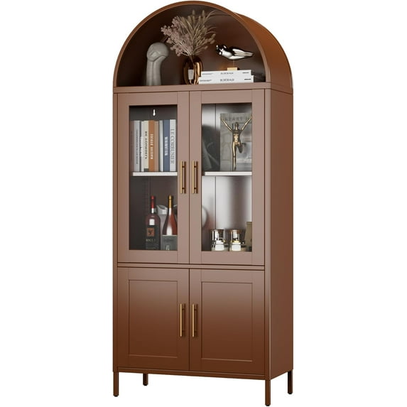 Metal Arched Storage Cabinet, Arch Bookcase with Glass Doors, Modern Freestanding Kitchen Pantry Cabinet for Home Office Bar Living Room