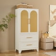 thumbnail image 1 of Metal Armoire Wardrobe Closet-65"H Rattan Armoire Closet with 2 Drawers Metal Wardrobe Storage Cabinet White Bedroom Armoire with Hanging Rod Large Clothes Cabinet, 1 of 9