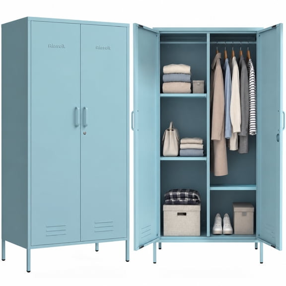 Metal Armoire Wardrobe Closet, 67" Tall Blue Lockable Wardrobe Cabinet with 2 Doors, Hanging Rod and Adjustable Shelves, Steel Clothing Storage Cabinet for Bedroom, Home, Cloak Room, Gym, Office
