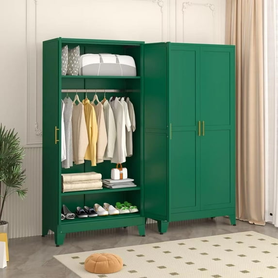 Metal Armoire Wardrobe Closet, 71" Tall Clothing Storage Cabinet with Hanging Rods, Household Closet Organizers with Adjustable Shelves for Home Office or Gym