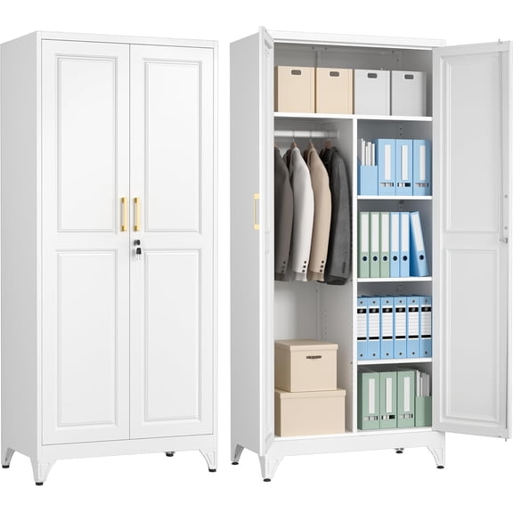 Metal Armoire Wardrobe Closet with Doors, 71" Tall Wardrobe Cabinet with Lock, Hanging Rod and 3 Adjustable Shelves, Steel Clothing Storage Cabinet for Bedroom, Home Office, Employee, Gym, White