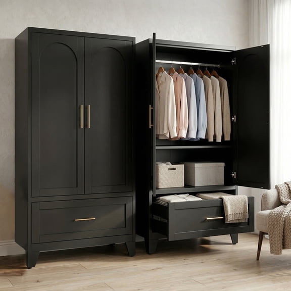 Metal Armoire Wardrobe Closet with Drawer, 60" Wardrobe Cabinet with Adjustable Shelves and Hanging Rod, Clothing Storage Cabinet Closet for Bedroom-Black