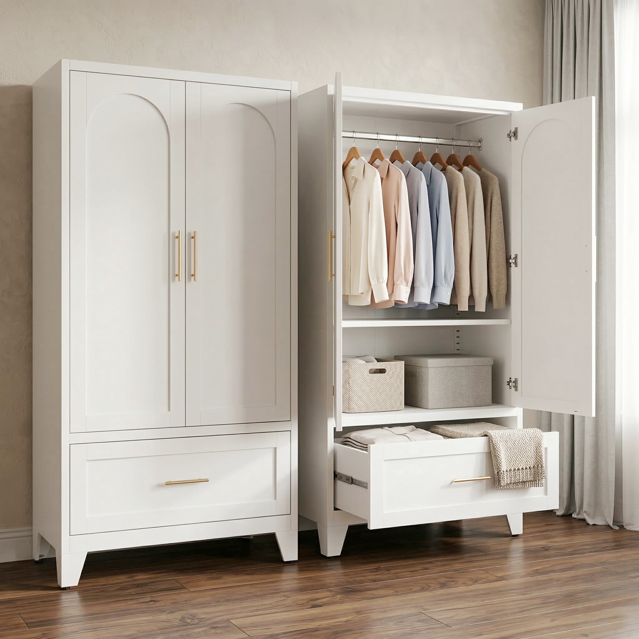 Metal Armoire Wardrobe Closet with Drawer, 60" Wardrobe Cabinet with