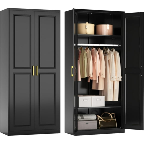 Metal Armoire Wardrobe Closet with Hanging Rod, 71" Tall Wardrobe Cabinet for Clothes, Black Clothing Storage Cabinet with Doors and Shelves, Large Wardrobes for Bedroom-Assemble Required