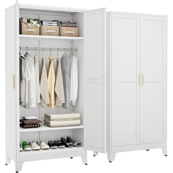 Metal Armoire Wardrobe Closet with Hanging Rod, Clothing Storage Cabinet with Adjustable Shelves for Laundry Room, Bedroom, Home Office, Bathroom, 71" White