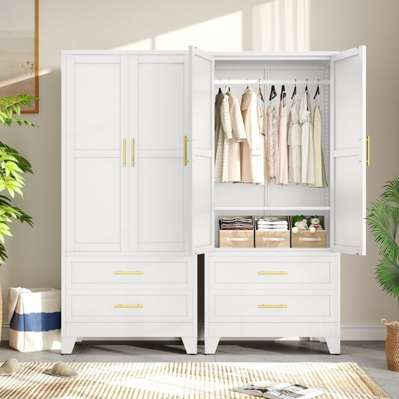 Metal Armoire Wardrobe Closet Storage Cabinet with Hanging Rod,71'' Metal Wardrobe Cabinet with 2 Drawers and Adjustable Shelf,2 Drawers for Bedroom, Laundry Room, Cloak Room