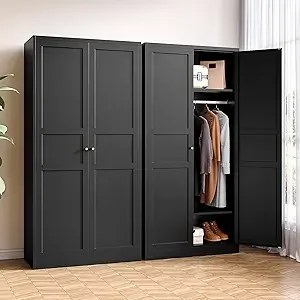 Metal Armoire Wardrobe Closet with 2 Doors 72'' Wardrobe Cabinet with Hanging Rail Metal Closet with Adjustable Shelves for Bedr