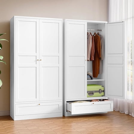 Metal Armoire Wardrobe Closet with  Wardrobe Cabinet with Drawers and Hanging Rail Metal Closet with Adjustable Shelves for Bedroom.