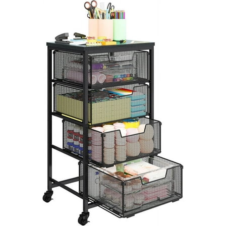 Metal Art and Craft Storage Organization Cart 4-Drawers Utility Rolling Carts With Lockable Wheels&Wooden Tabletop Art-Craft Supplies For Classroom,Office,Make-up,Kitchen,Bedroom