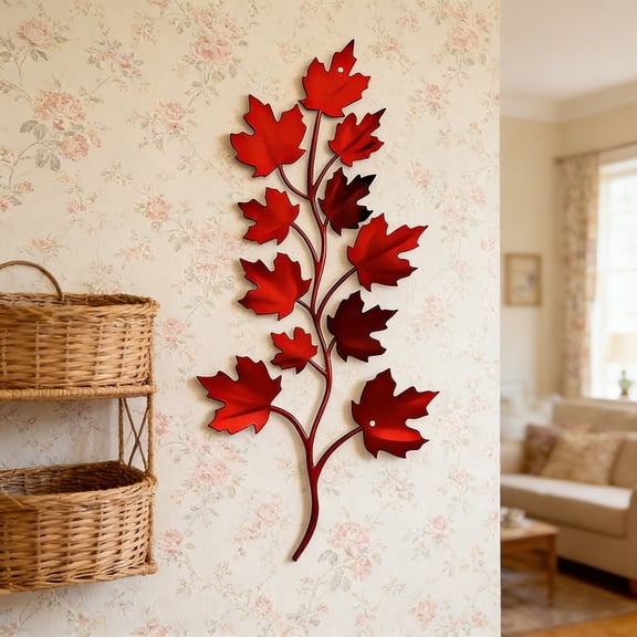 Metal Art Wall Decor 16 X 7 Inch Red Maple Leaf Metal Branch Art Wall Hangings Wall Art for Home Decor for Living Room Bedroom Patio Porch Garden 2 Pack