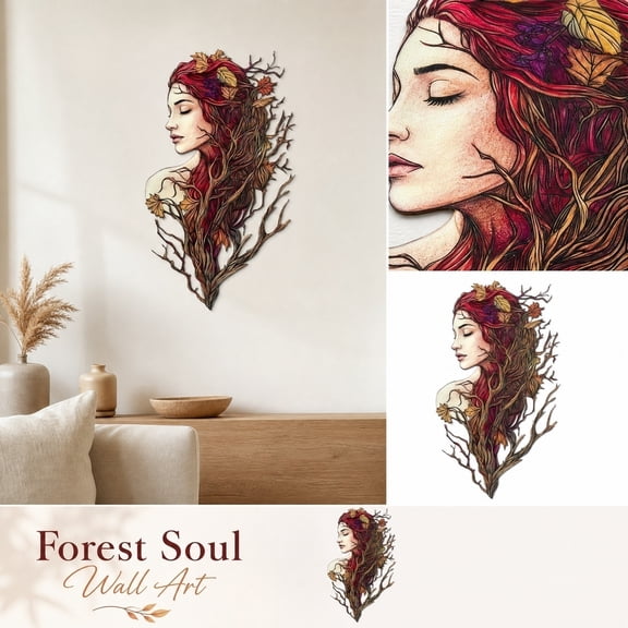 Metal Art Wall Decor, Enchanted Forest Decorations Whimsical Elf Woman Tree Face Uv Art Piece, Fall Leaves Decor 15X9 Inch Nature Botanical Wall Hanging, Forest Wall Art Autumn