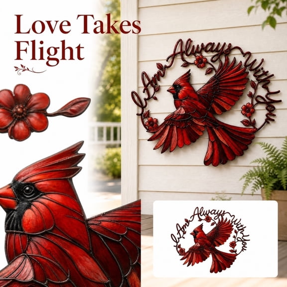 Metal Art Wall Decor, Memorial Garden Decor, Cardinal Garden Decor, Metal Flowers Wall Decor, 8X8 Inch Red Hanging Wall Art with "I Am " Script for Indoor and Outdoor Display