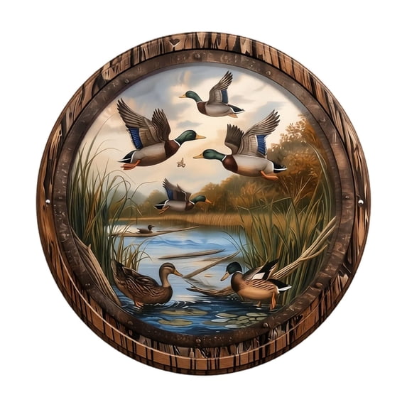 Metal Art Wall Decor Rustic Mallard Duck Pond Scene Round Metal Wall Sign for Lake House Cabin Hunting Room Decor