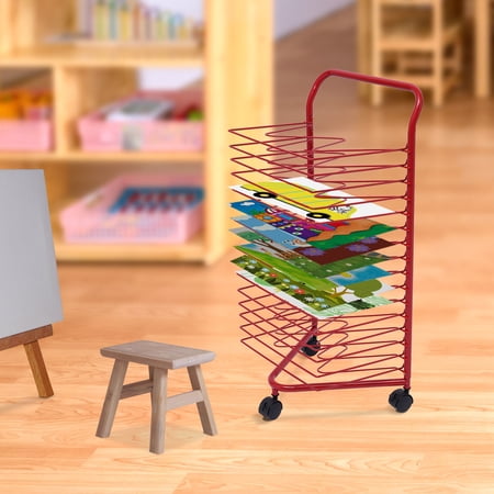 Metal Artwork Storage Display Rack Paint Drying Rack with Wheels Classroom Red