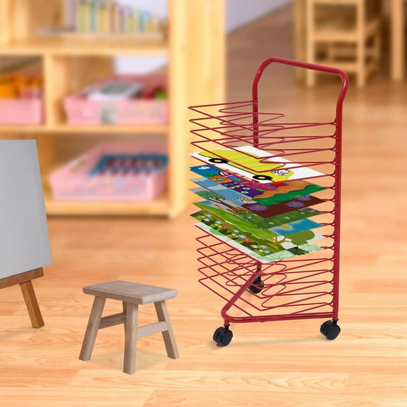 Metal Artwork Storage Display Rack Paint Drying Rack with Wheels Classroom Red