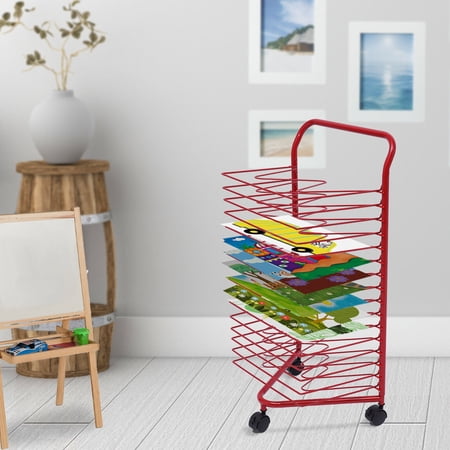 Metal Artwork Storage Display Rack Paint Drying Rack with Wheels Classroom Red