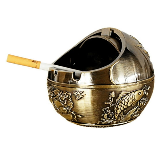 Metal Ashtray with Lids, Windproof, Cigarette Ashtray for Indoor or Outdoor Use,Ash Holder for Smokers,Desktop Smoking Ash Tray for Home Office Decoration,set of 1(Bronze Koi)