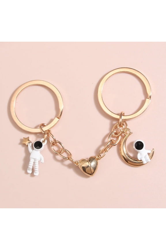 Metal Astronaut Keychain Pair Star Magnet Keychains Space Themed Key Rings Celestial Jewelry Accessories Astronaut Star