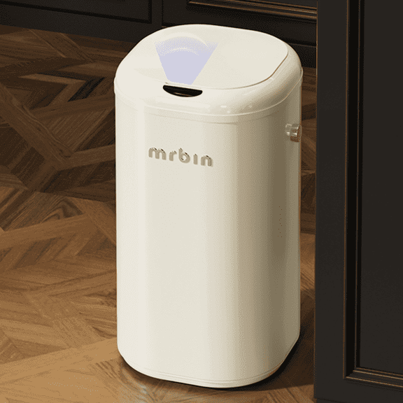 Metal Automatic Tall Kitchen Trash Can with Lid, 18L / 4.8gal Slim Motion Sensor Waste Basket, Touchless Electric Garbage Bin for Office and Bathroom, Cream White