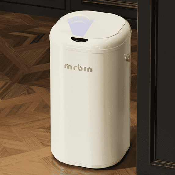 Metal Automatic Tall Kitchen Trash Can with Lid, 18L / 4.8gal Slim Motion Sensor Waste Basket, Touchless Electric Garbage Bin for Office and Bathroom, Cream White