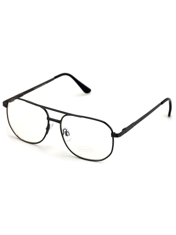Metal Aviator Glasses - Big Lens Spring Hinge Square - Gold Gunmetal Old Men Grandpa Nerd Clear Lens