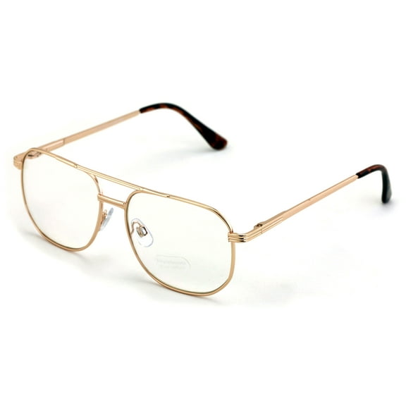 Metal Aviator Glasses - Big Lens Spring Hinge Square - Gold Gunmetal Old Men Grandpa Nerd Clear Lens