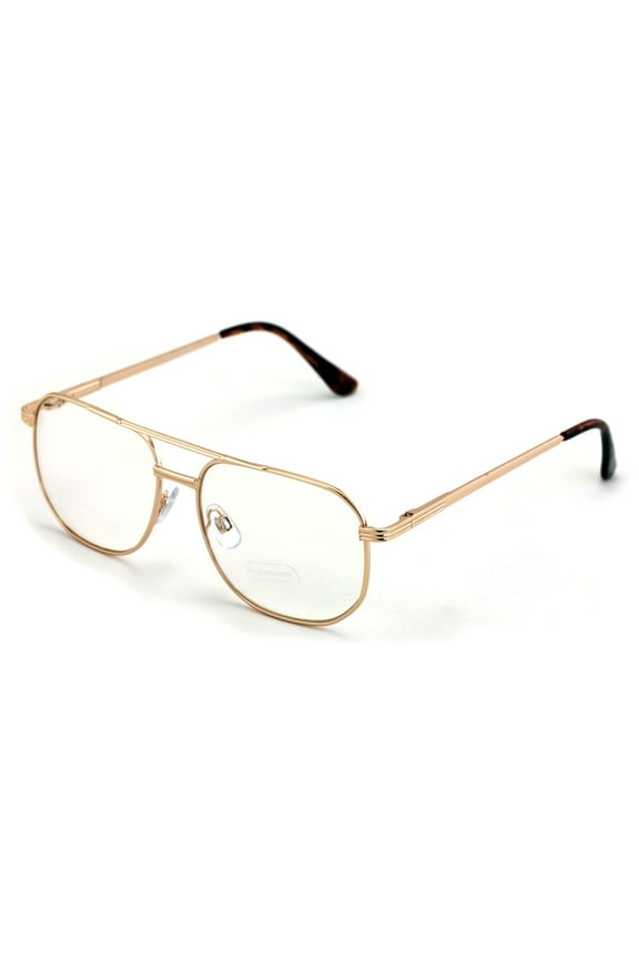 Metal Aviator Glasses - Big Lens Spring Hinge Square - Gold Gunmetal Old Men Grandpa Nerd Clear Lens