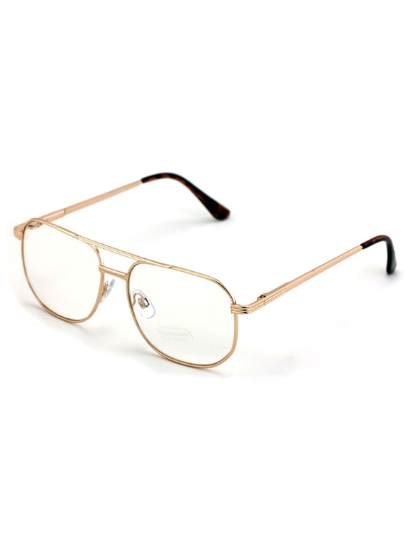 Metal Aviator Glasses - Big Lens Spring Hinge Square - Gold Gunmetal Old Men Grandpa Nerd Clear Lens
