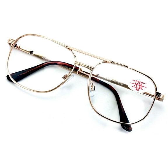 Metal Aviator Reading Glasses - Spring Hinge Square Large Lens Reader +4.00