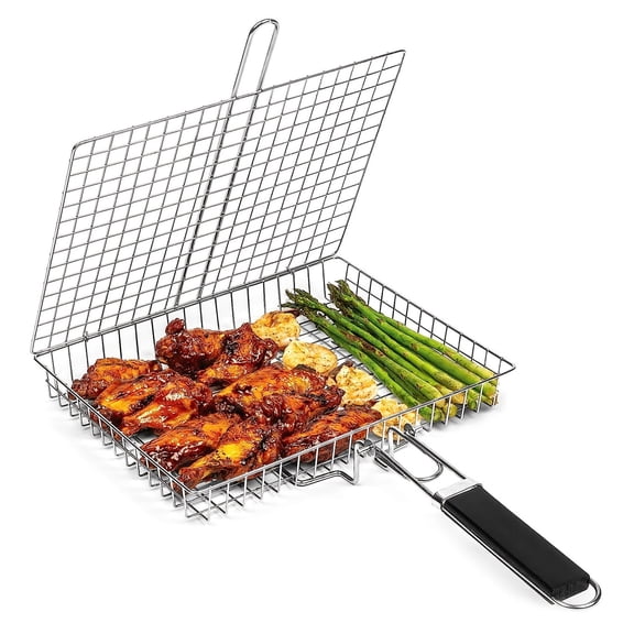 Metal BBQ Grill Basket with Heat Resistant Handle, Wire Mesh Grilling Rack for BBQ Grill Outdoor Cooking