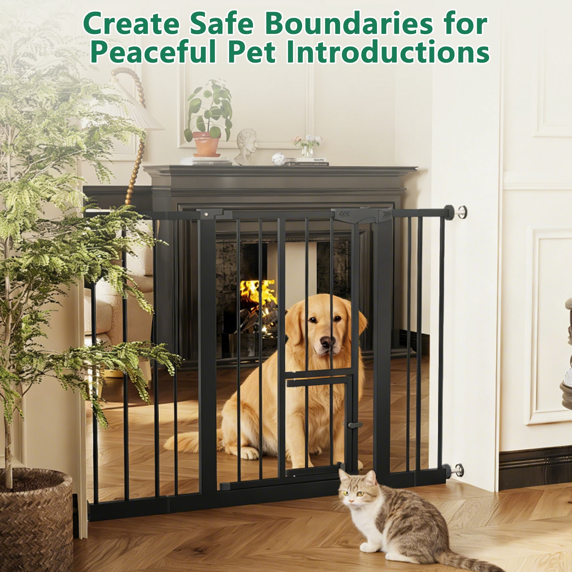 Metal Baby Gate with Cat Door for Stairs and Doorways, Pressure Mounted Safety Gate with Double Lock, No Tools Needed for Kids and Pets, Black