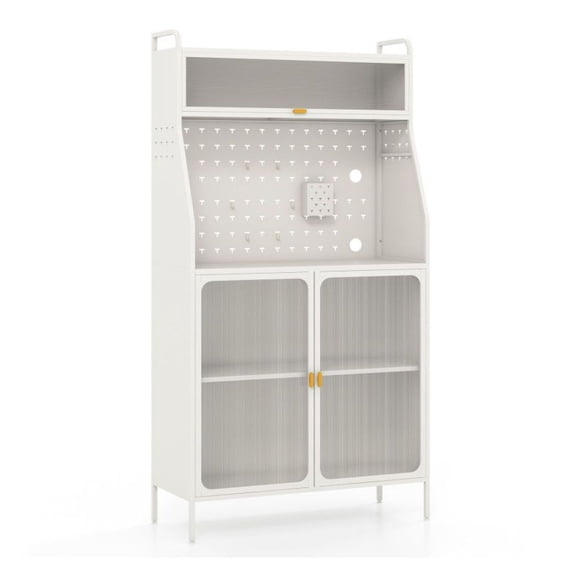 Metal Baker Rack 5 Tier, Kitchen Pantry Storage with Flip-Up Door & Pegboard, White & Gold Finish, 63.5" H, 34" W, 230lbs Capacity