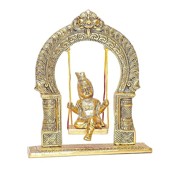 Metal Bal Krishna Jhoola Showpiece for Gifting and Home Decor (Gold, 9 inches)