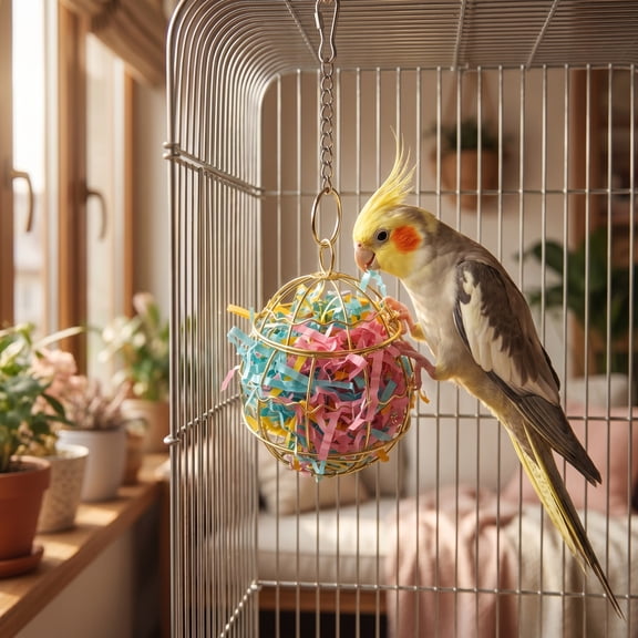 Metal Ball Bird Foraging Toy with Raffia Paper, Hanging Parrot Shredding Feeder Cage Toy for Cockatiel Budgie Small Parrots