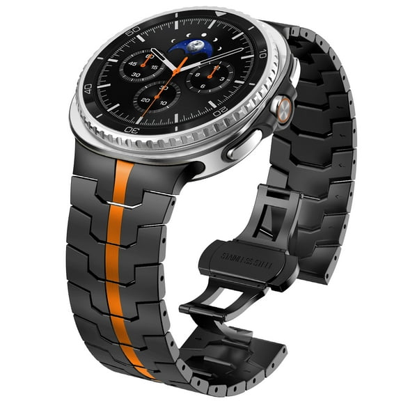 Metal Band Compatible for Samsung Galaxy Watch 8 Classic 46mm, Stainless Steel Chain Watch Strap with Butterfly Folding Clasp Adjustable Band for Samsung Galaxy Watch 8 Classic 46mm, Blackorange